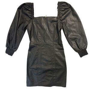 7 For All Mankind Black Faux Leather Square Neck Puff Sleeve Mini Dress XS